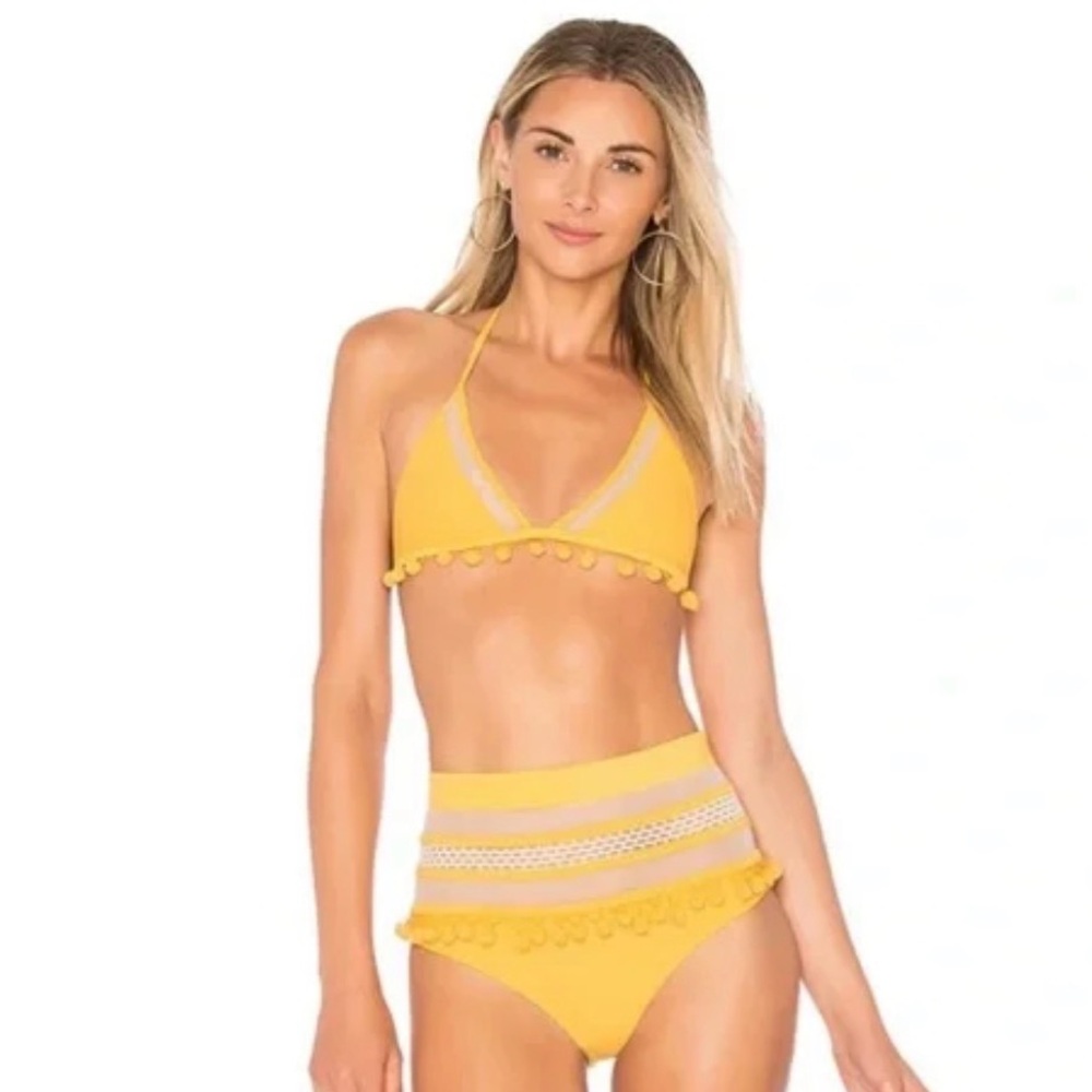 Tularosa Yellow High-Waisted Bikini Bottoms with Pom Pom Trim